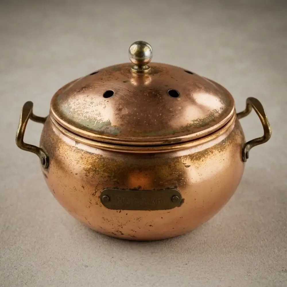 Vintage Copper Potpourri Pot Vented Lid Brass Handles Cottagecore Simmer Bowl